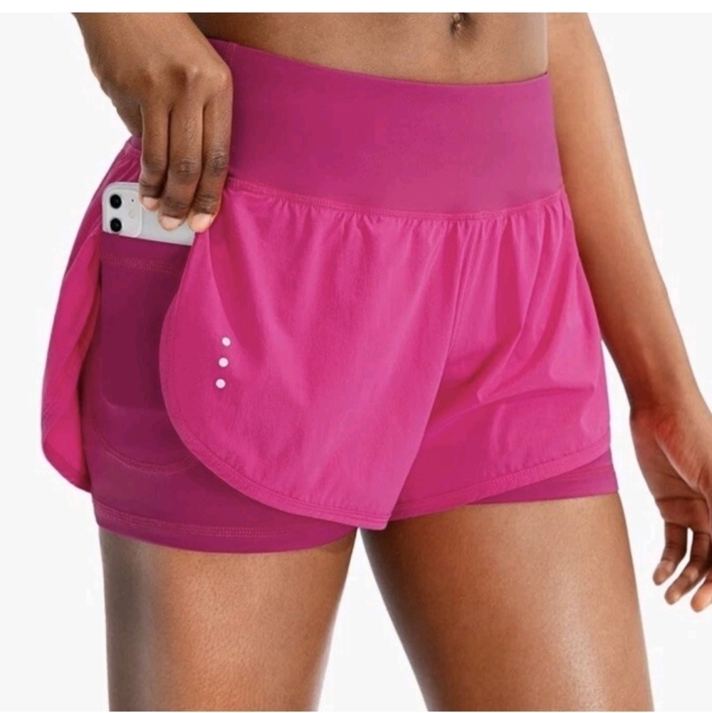 Soothfeel 2 in 1 Running  High Waisted Spandex Shorts Gym Zip Pocket Sz M Pink